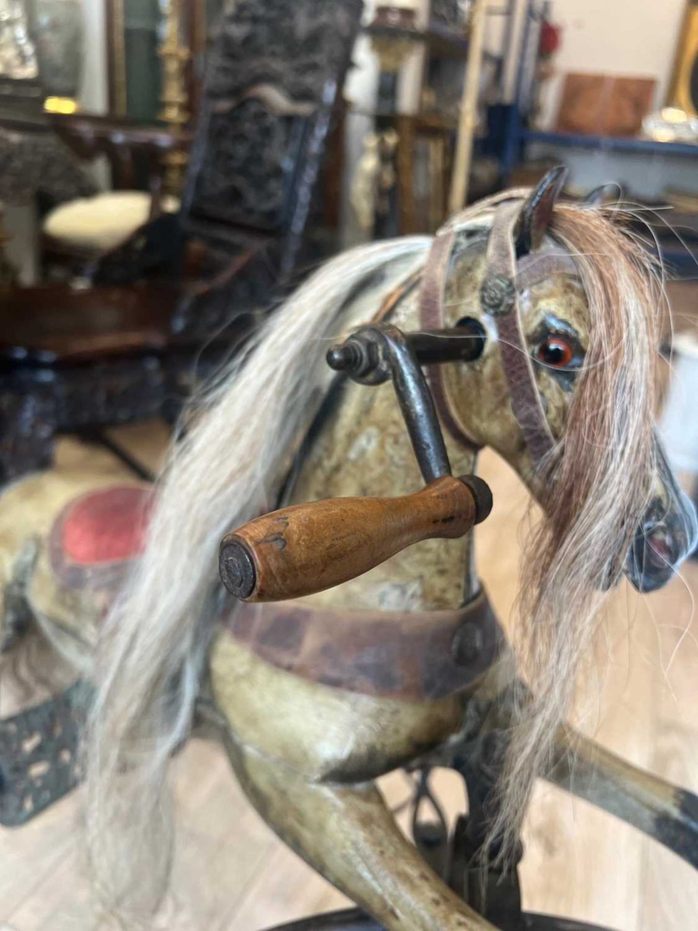 A LATE 19TH CENTURY FRENCH PAINTED WOOD HORSE CHAIN DRIVEN TRICYCLE OR VELOCIPEDE - Image 7 of 12