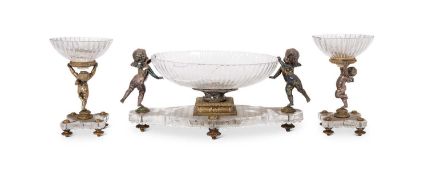 BACCARAT: A LATE 19TH CENTURY SILVERED BRONZE AND CUT GLASS THREE PIECE CENTREPIECE