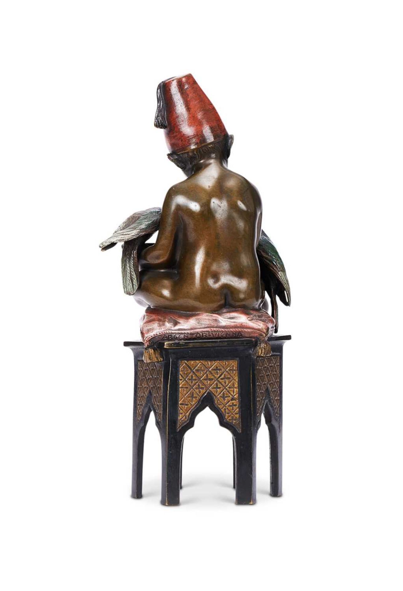 RICHARD THUSS (AUSTRIAN, FL. EARLY 20TH C): AN ORIENTALIST COLD PAINTED BRONZE OF A BOY WITH PARROTS - Image 2 of 2