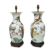 A PAIR OF LATE 19TH CENTURY CHINESE FAMILLE VERTE PORCELAIN LAMP BASES