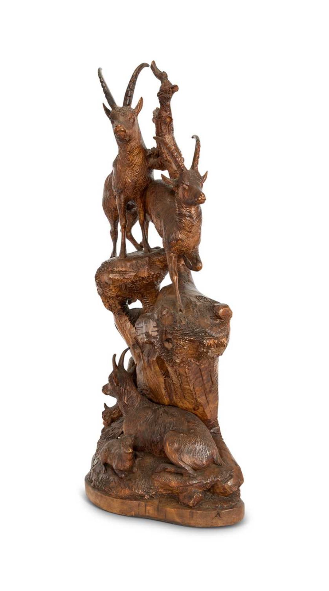 A LARGE LATE 19TH CENTURY BLACK FOREST CARVED LINDENWOOD GROUP OF IBEXES - Image 5 of 5