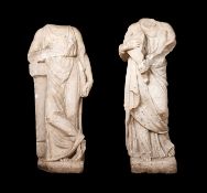 A PAIR OF 15TH CENTURY OR EARLIER ITALIAN MARBLE FIGURES OF MUSES CLIO AND TERPSICHORE