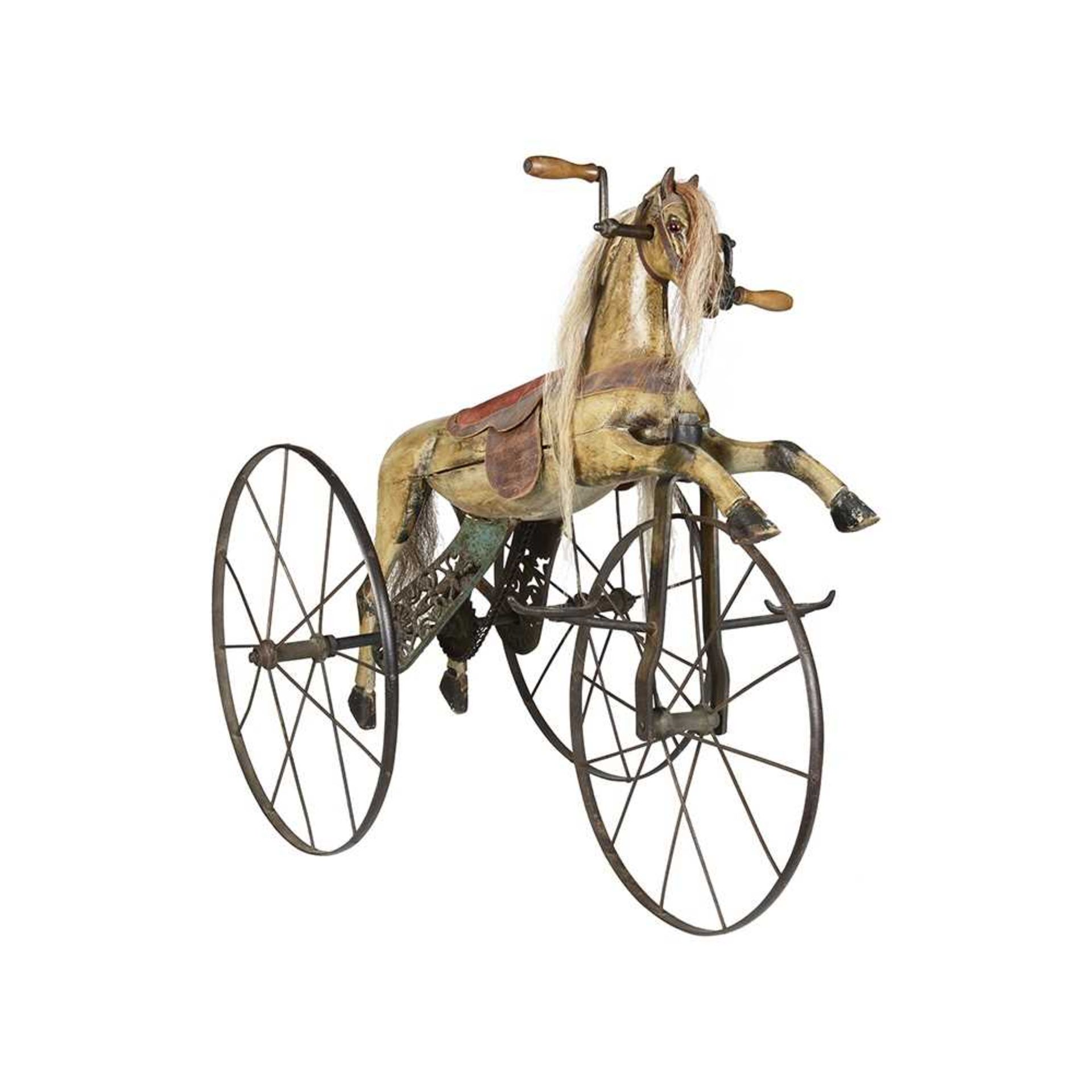 A LATE 19TH CENTURY FRENCH PAINTED WOOD HORSE CHAIN DRIVEN TRICYCLE OR VELOCIPEDE - Image 5 of 12