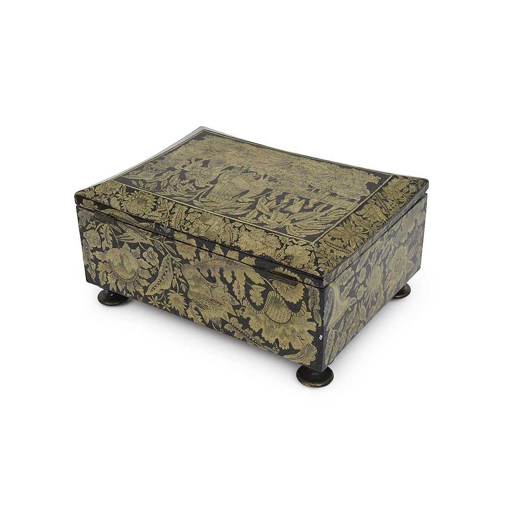 A RARE REGENCY PENWORK SEWING BOX WITH ORIENTAL SCENE - Image 3 of 4