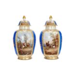 A LARGE PAIR OF 19TH CENTURY DRESDEN AUGUSTUS REX PORCELAIN VASES OF EQUESTRIAN THEME