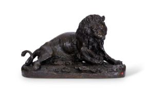 CHRISTOPHE FRATIN (FRENCH, 1800-1864): A LARGE 19TH CENTURY BRONZE MODEL OF A LION AND CROCODILE