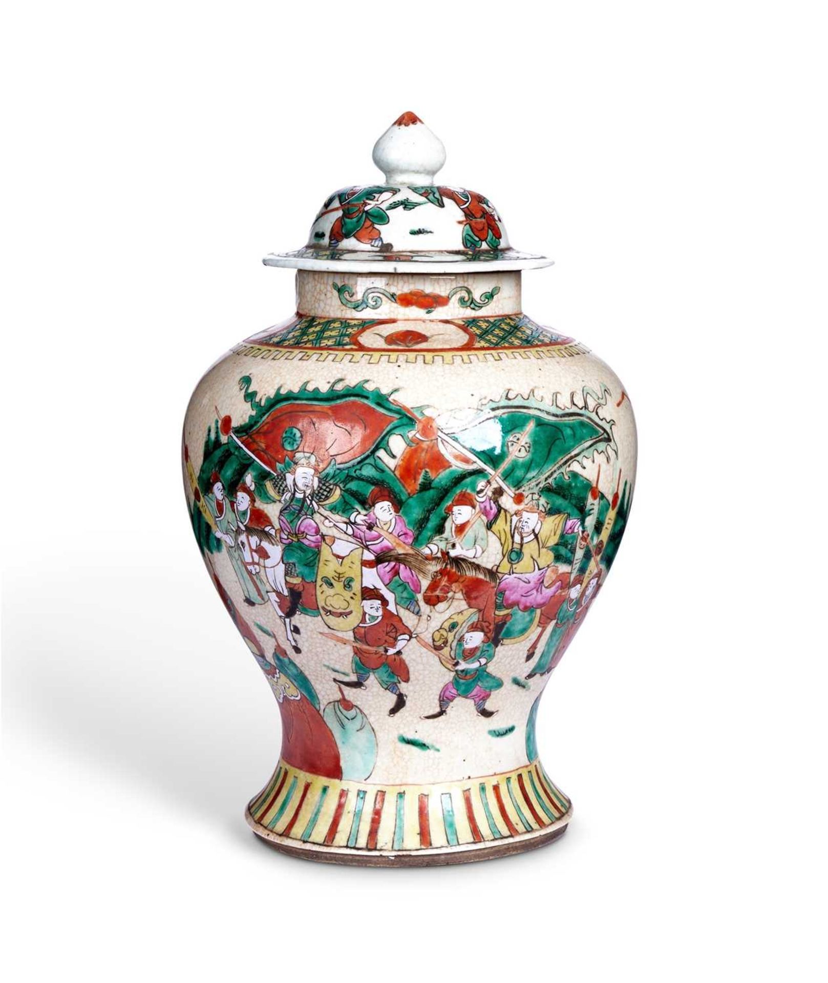 A LARGE 19TH CENTURY CHINESE CRACKLE GLAZED FAMILLE VERTE JAR AND COVER