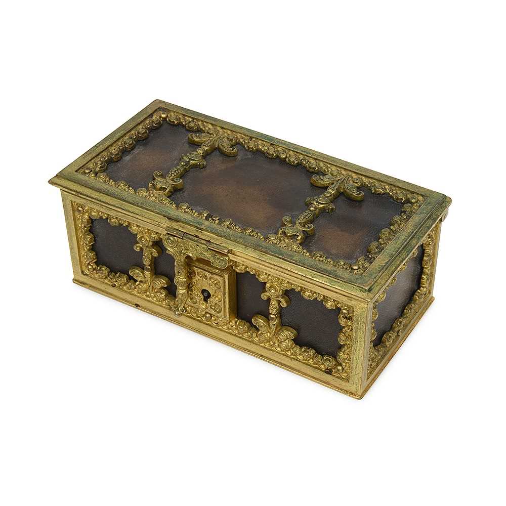 A 19TH CENTURY FRENCH GILT BRONZE LEATHER MOUNTED CASKET