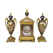 A LATE 19TH CENTURY FRENCH GILT BRONZE AND PORCELAIN CLOCK GARNITURE