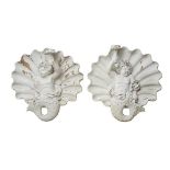 A LARGE PAIR OF BAROQUE STYLE CARVED AND PAINTED WOOD WALL SCONCES