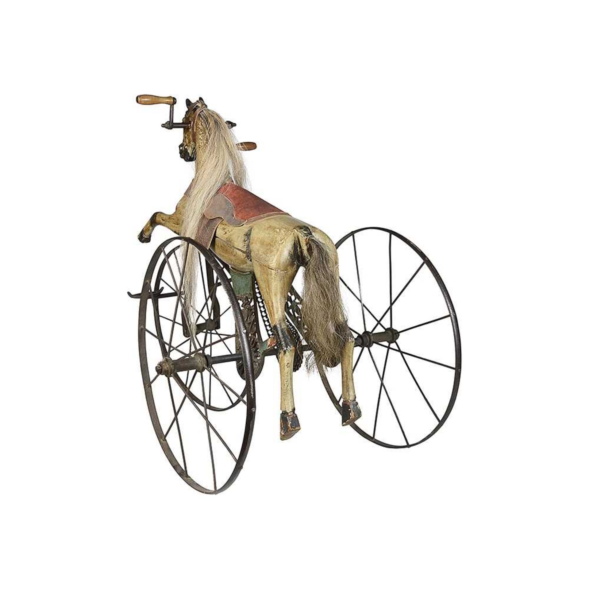 A LATE 19TH CENTURY FRENCH PAINTED WOOD HORSE CHAIN DRIVEN TRICYCLE OR VELOCIPEDE - Image 3 of 12