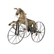 A LATE 19TH CENTURY FRENCH PAINTED WOOD HORSE CHAIN DRIVEN TRICYCLE OR VELOCIPEDE