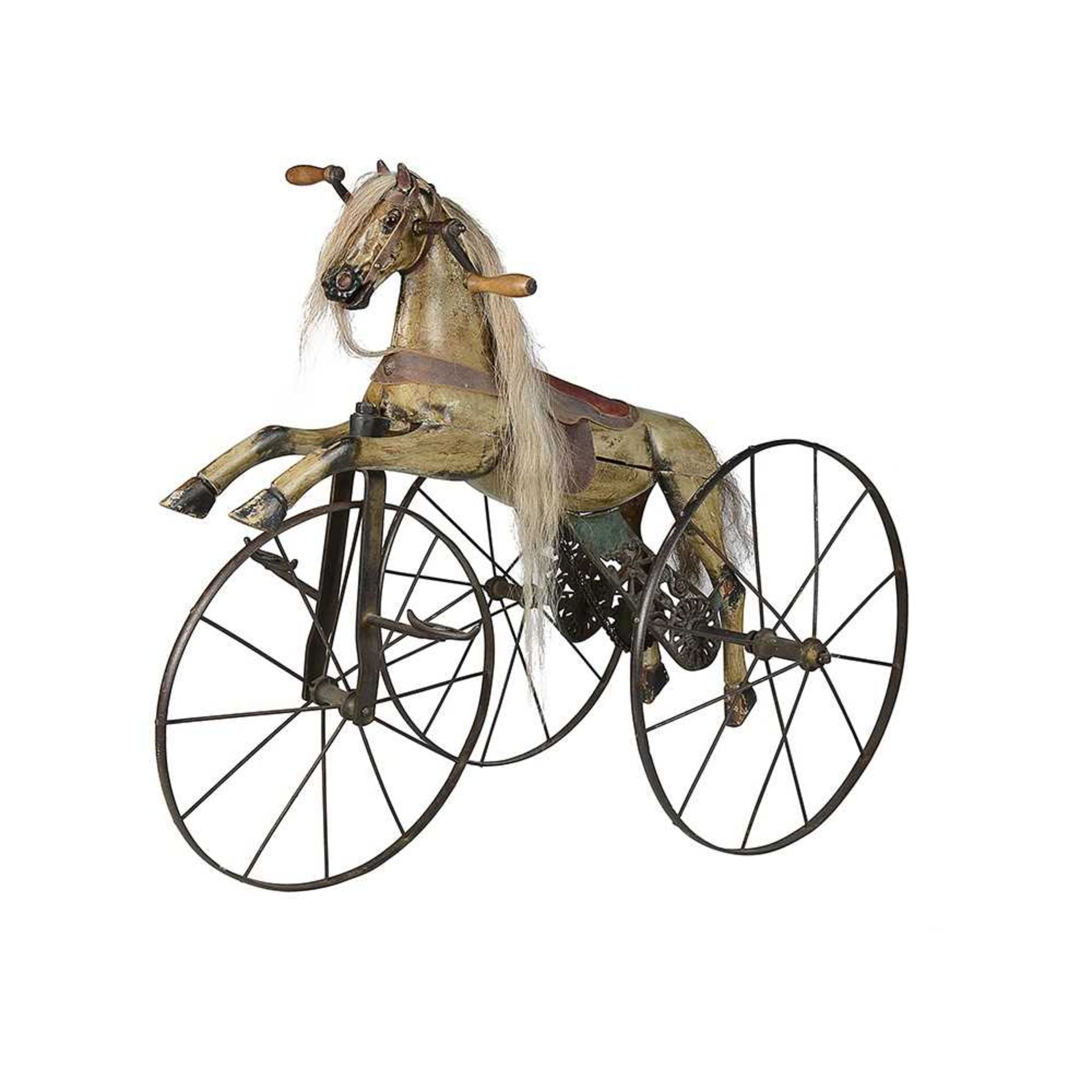 A LATE 19TH CENTURY FRENCH PAINTED WOOD HORSE CHAIN DRIVEN TRICYCLE OR VELOCIPEDE