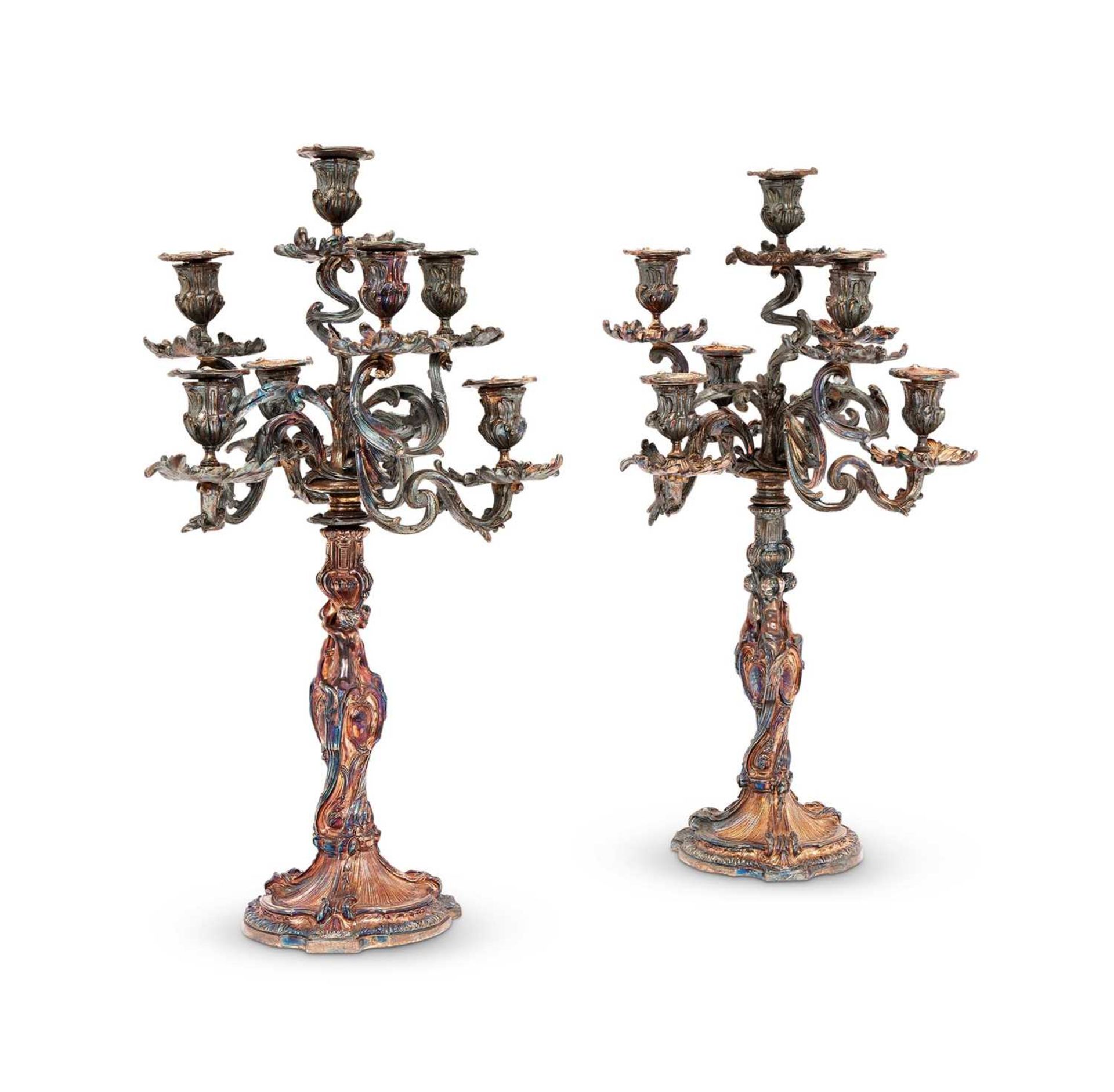 AFTER JUSTE-AURELE MEISSONNIER (1695-1750): A PAIR OF 19TH CENTURY SILVERED BRONZE CANDELABRA - Image 2 of 3