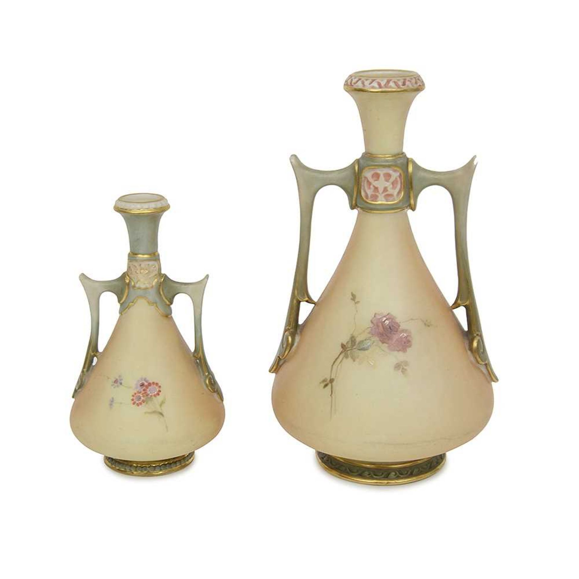 ROYAL WORCESTER: TWO EARLY 20TH CENTURY BLUSH IVORY MINIATURE PORCELAIN VASES - Image 2 of 3