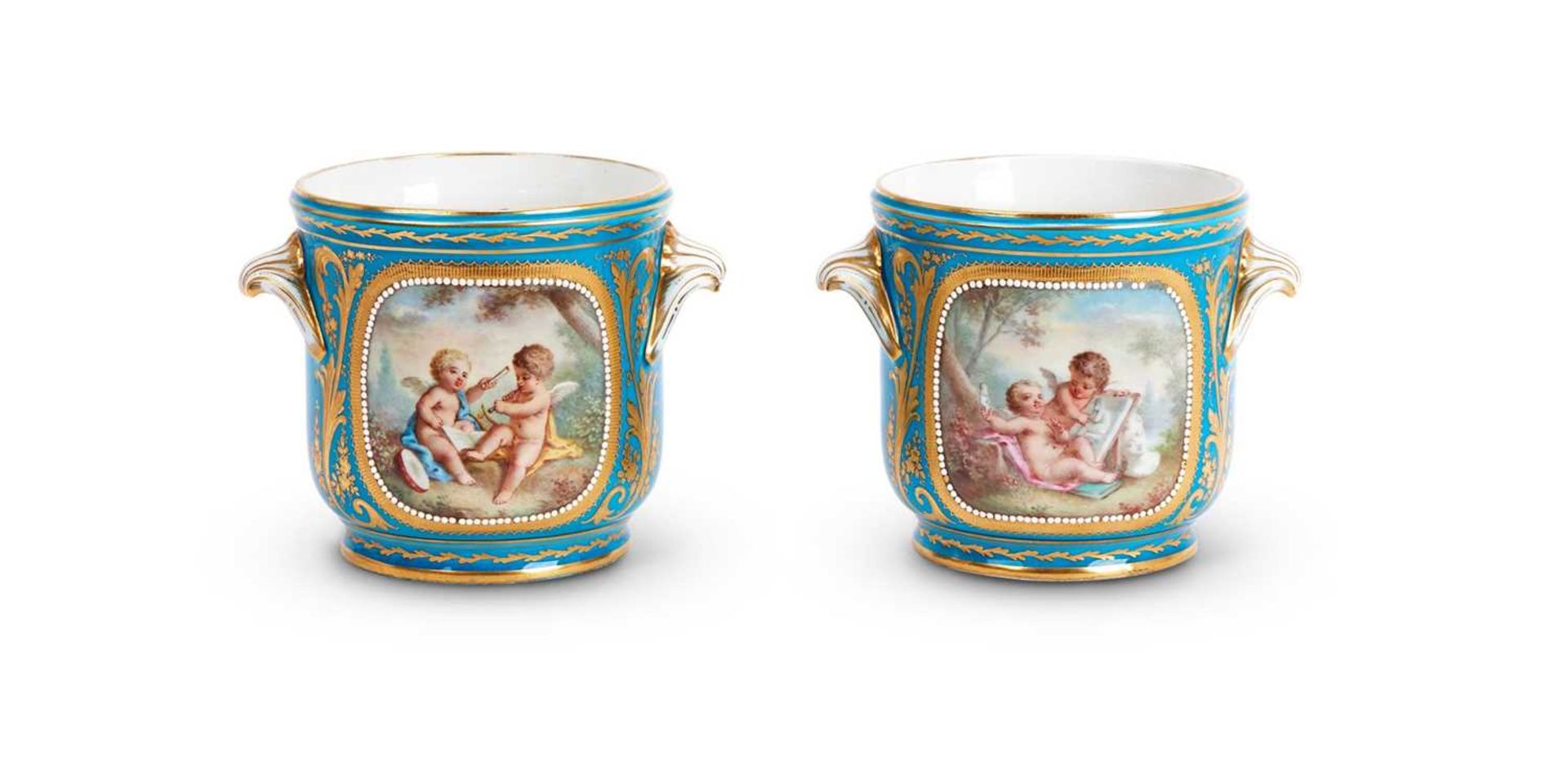 A PAIR OF 19TH CENTURY SEVRES STYLE PORCELAIN CACHE POTS