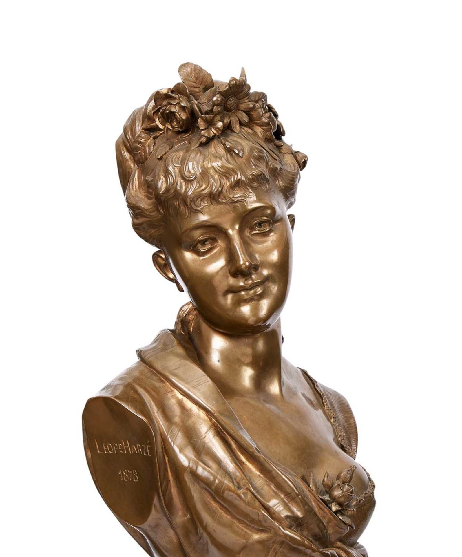 LEOPOLD HARZE (BELGIAN, 1831-1893): A LARGE BRONZE BUST OF A GIRL ON MARBLE BASE - Image 3 of 6