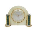 AN ART DECO PERIOD ONYX AND MALACHITE MANTEL CLOCK