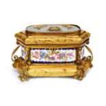 A FINE 19TH CENTURY FRENCH PALAIS ROYALE ORMOLU AND ENAMEL JEWELLERY CASKET