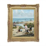 A 20TH CENTURY OIL ON BOARD DEPICTING CHILDREN AT THE SEASIDE