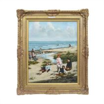 A 20TH CENTURY OIL ON BOARD DEPICTING CHILDREN AT THE SEASIDE