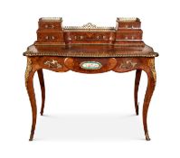 A LATE 19TH CENTURY FRENCH KINGWOOD, BURR WALNUT AND ORMOLU BONHEUR DU JOUR