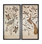 A PAIR OF 19TH / EARLY 20TH CENTURY INDIAN SILK AND METAL THREAD EMBROIDERED PANELS OF STORKS