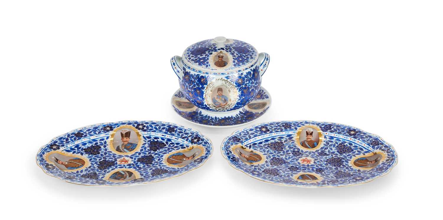 A PORCELAIN TUREEN AND TWO PLATTERS MADE FOR THE PERSIAN MARKET