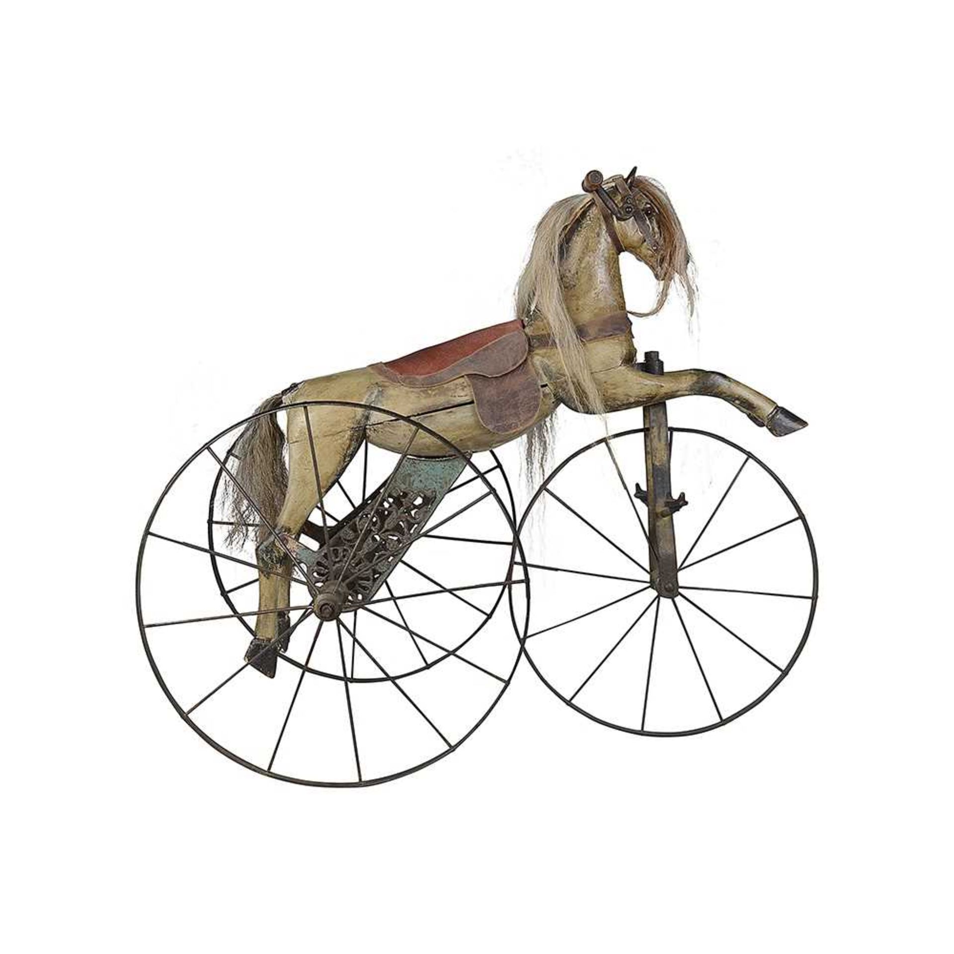 A LATE 19TH CENTURY FRENCH PAINTED WOOD HORSE CHAIN DRIVEN TRICYCLE OR VELOCIPEDE - Image 2 of 12