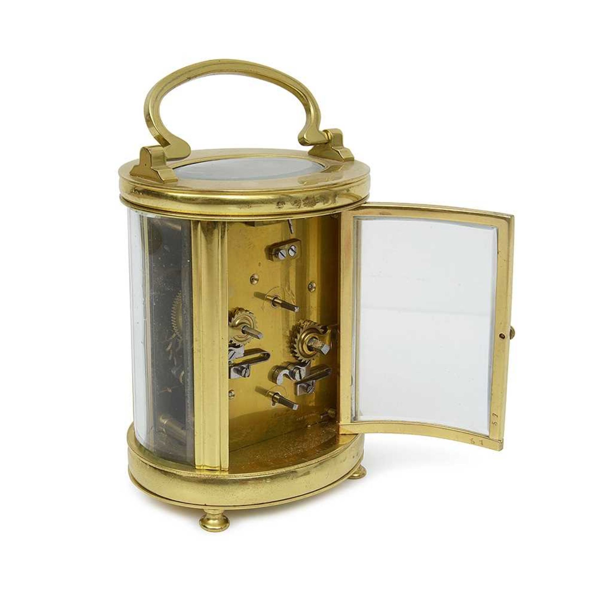 A LATE 19TH CENTURY FRENCH GILT BRASS CARRIAGE CLOCK WITH ALARM - Image 2 of 2