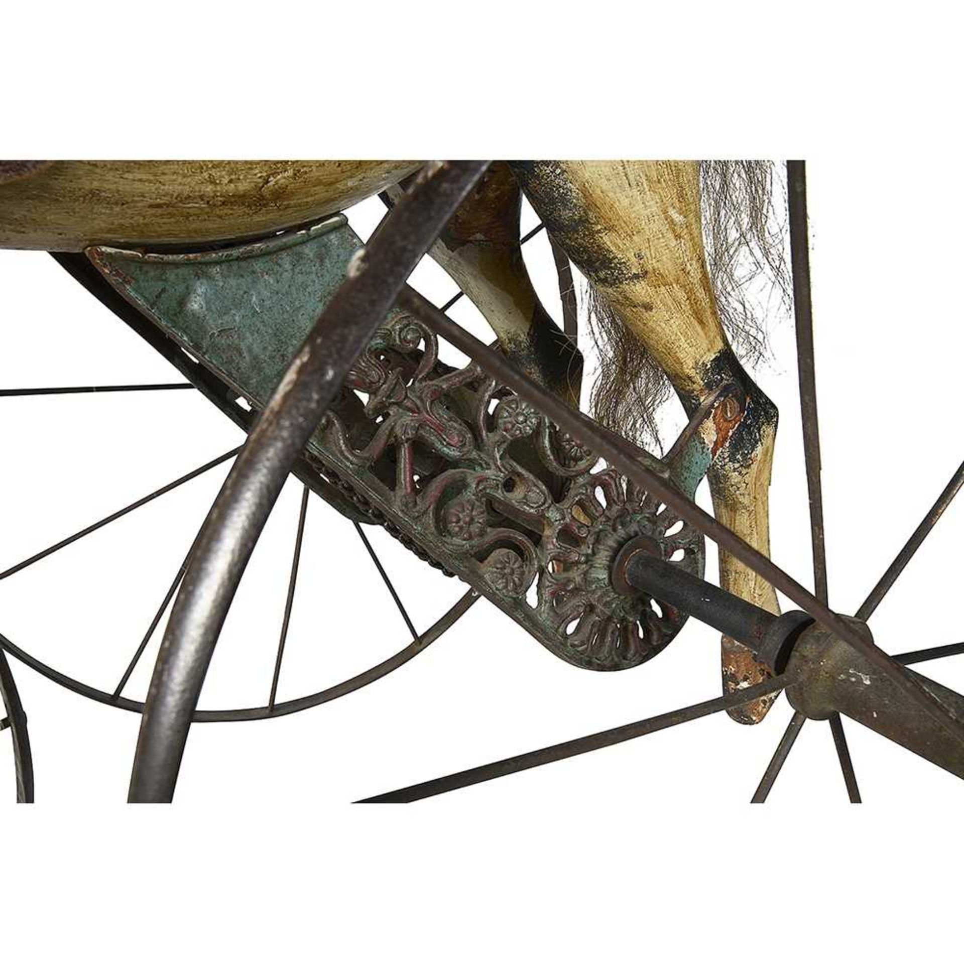 A LATE 19TH CENTURY FRENCH PAINTED WOOD HORSE CHAIN DRIVEN TRICYCLE OR VELOCIPEDE - Image 6 of 12
