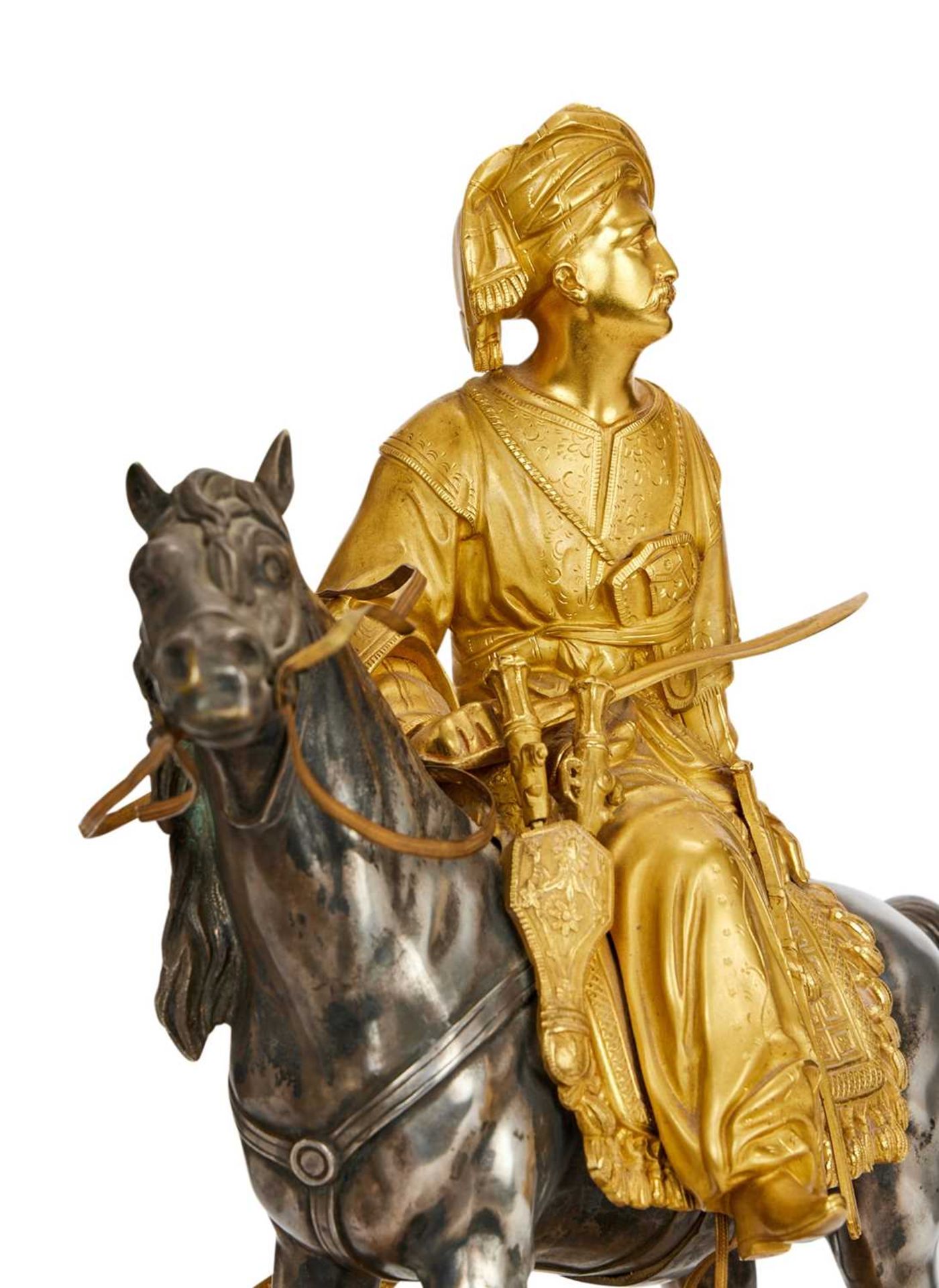 A MID 19TH CENTURY FRENCH GILT AND PATINTED BRONZE FIGURE OF A MAMELUK WITH HORSE - Image 5 of 5