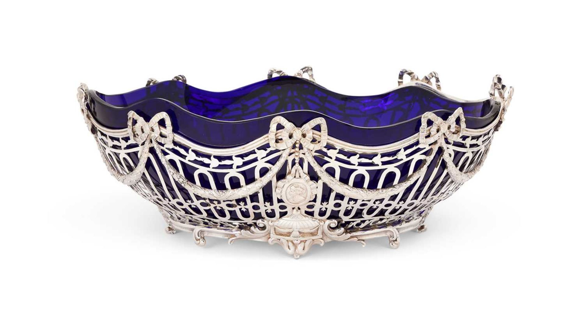 A LARGE LATE 19TH CENTURY GERMAN SILVER AND BLUE GLASS CENTREPIECE