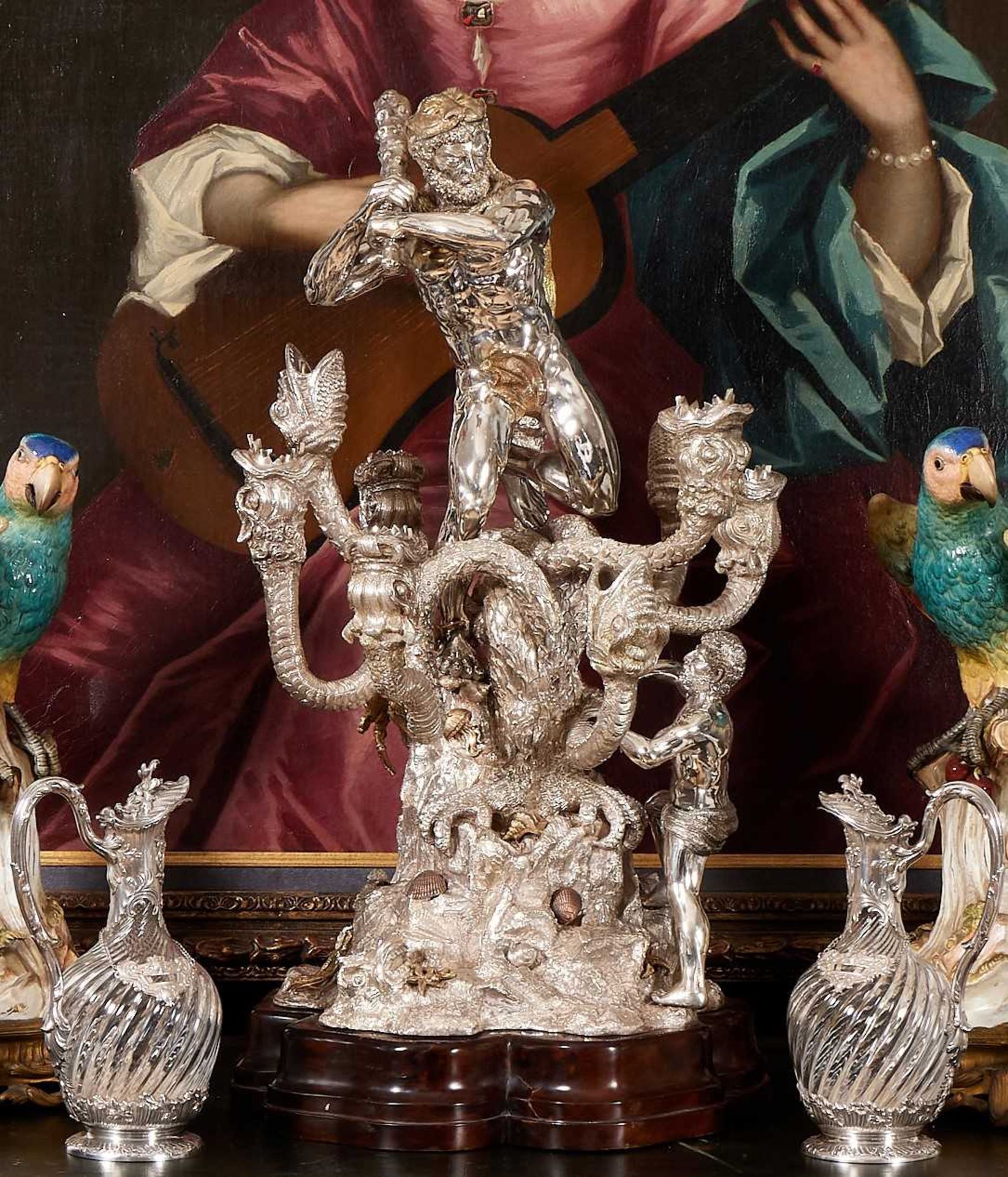 A MASSIVE SILVER CENTREPIECE AFTER THE DUKE OF YORK HERCULES AND HYDRA GROUP OF 1824