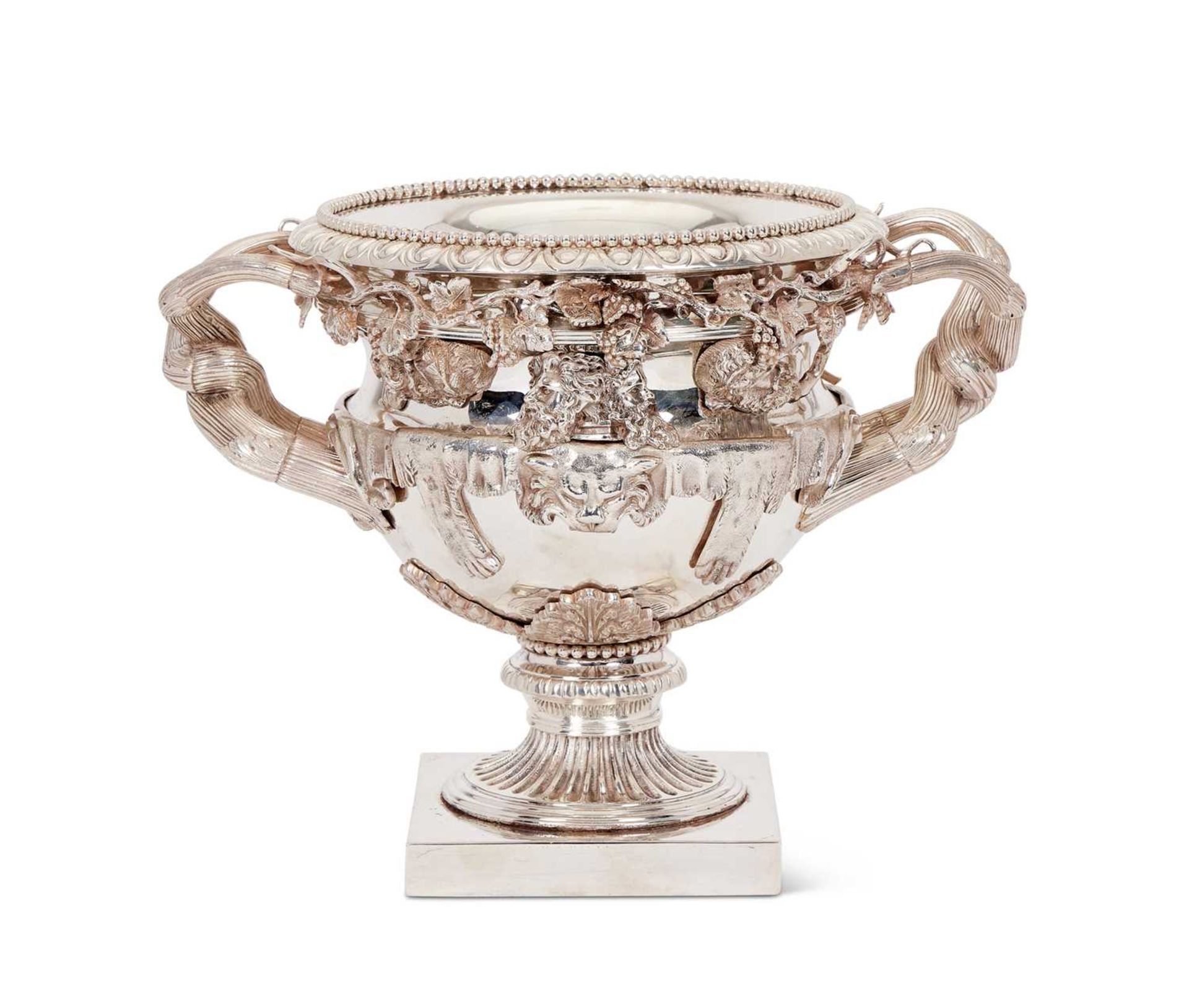 AN IMPRESSIVE LATE 19TH CENTURY SILVER PLATED MODEL OF THE WARWICK VASE