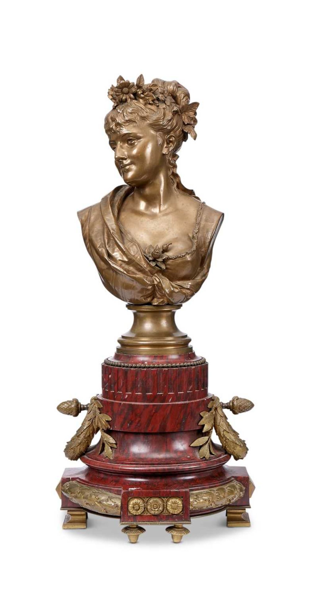LEOPOLD HARZE (BELGIAN, 1831-1893): A LARGE BRONZE BUST OF A GIRL ON MARBLE BASE