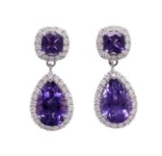 A PAIR OF AMETHYST, DIAMOND AND 18CT WHITE GOLD PENDANT EARRINGS