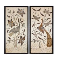 A PAIR OF 19TH / EARLY 20TH CENTURY INDIAN SILK AND METAL THREAD EMBROIDERED PANELS OF STORKS