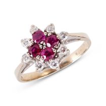 AN 18CT GOLD, RUBY AND DIAMOND CLUSTER RING