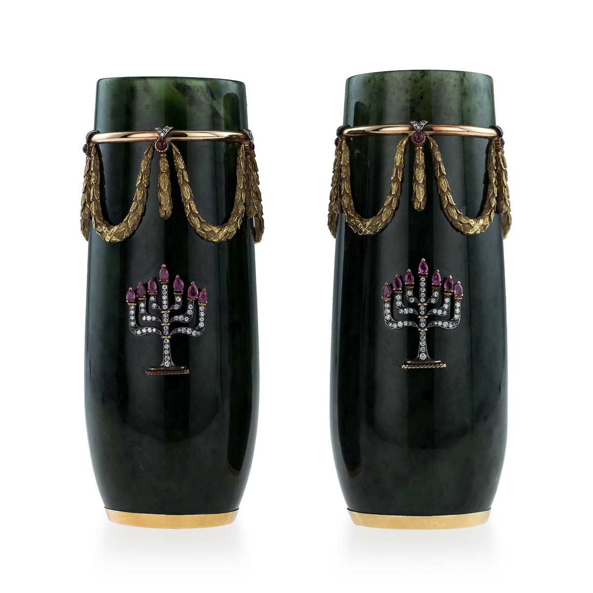 A PAIR 14K GOLD, NEPHRITE, DIAMOND AND RUBY ENCRUSTED VASES IN THE STYLE OF FABERGE