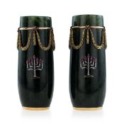 A PAIR 14K GOLD, NEPHRITE, DIAMOND AND RUBY ENCRUSTED VASES IN THE STYLE OF FABERGE