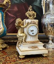 A LATE 19TH CENTURY FRENCH GILT BRONZE AND WHITE MARBLE MANTEL CLOCK