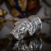A LARGE SILVER STIRRUP CUP MODELLED AS A HOUND, ITALIAN, MID 20TH CENTURY