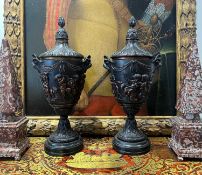 A PAIR OF 19TH CENTURY FRENCH BRONZE LIDDED URNS AFTER CLODION
