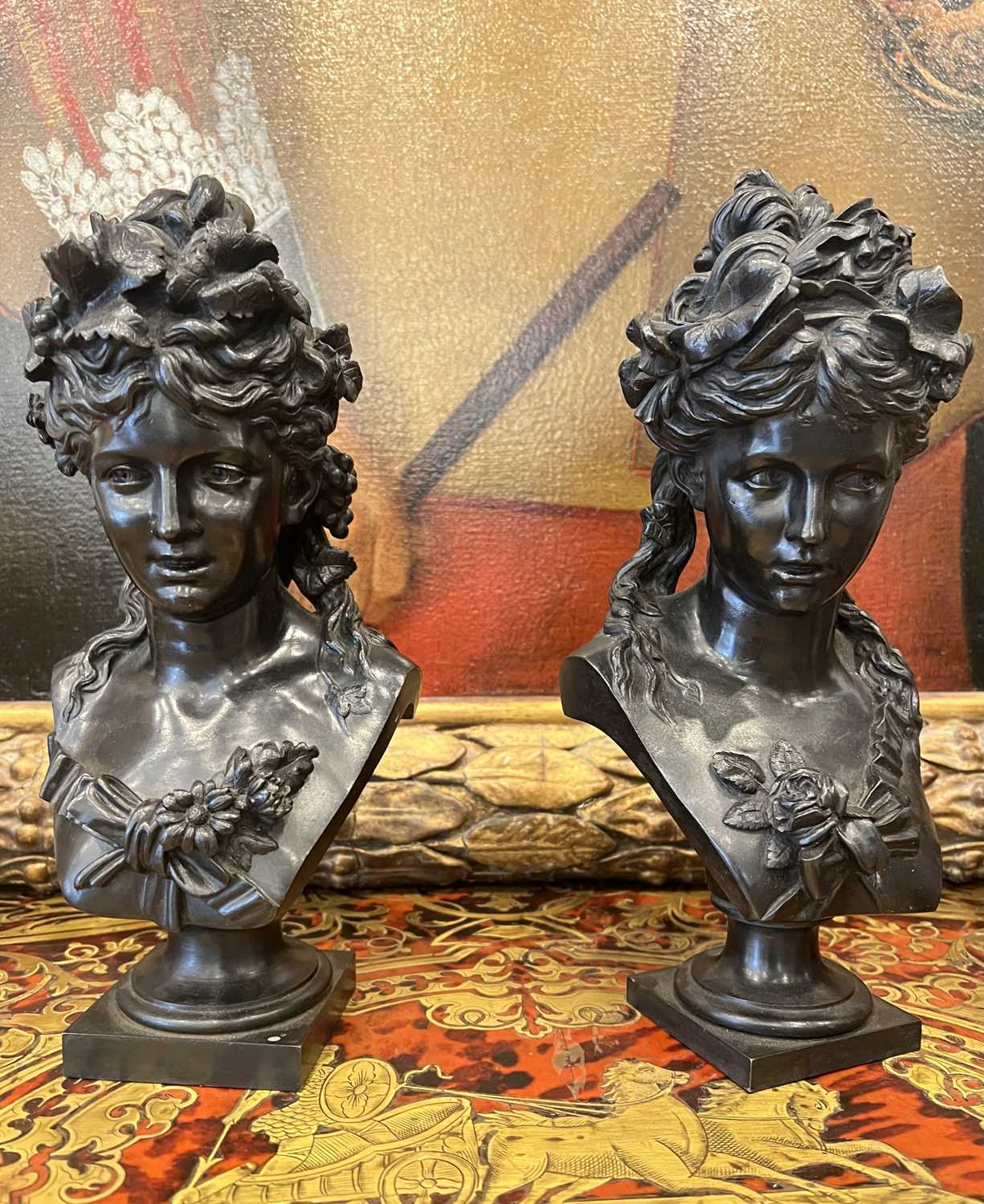 JEAN-LOUIS GRÉGOIRE, (FRENCH, 1840-1890): A PAIR OF BRONZE BUSTS OF MAIDENS