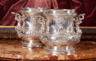 A PAIR OF SILVER 18TH CENTURY STYLE WINE COOLERS AFTER MEISSONIER, CIRCA 1890