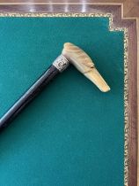 A FINE 19TH CENTURY HORN AND EBONY WALKING CANE CARVED WITH A GREYHOUND HEAD