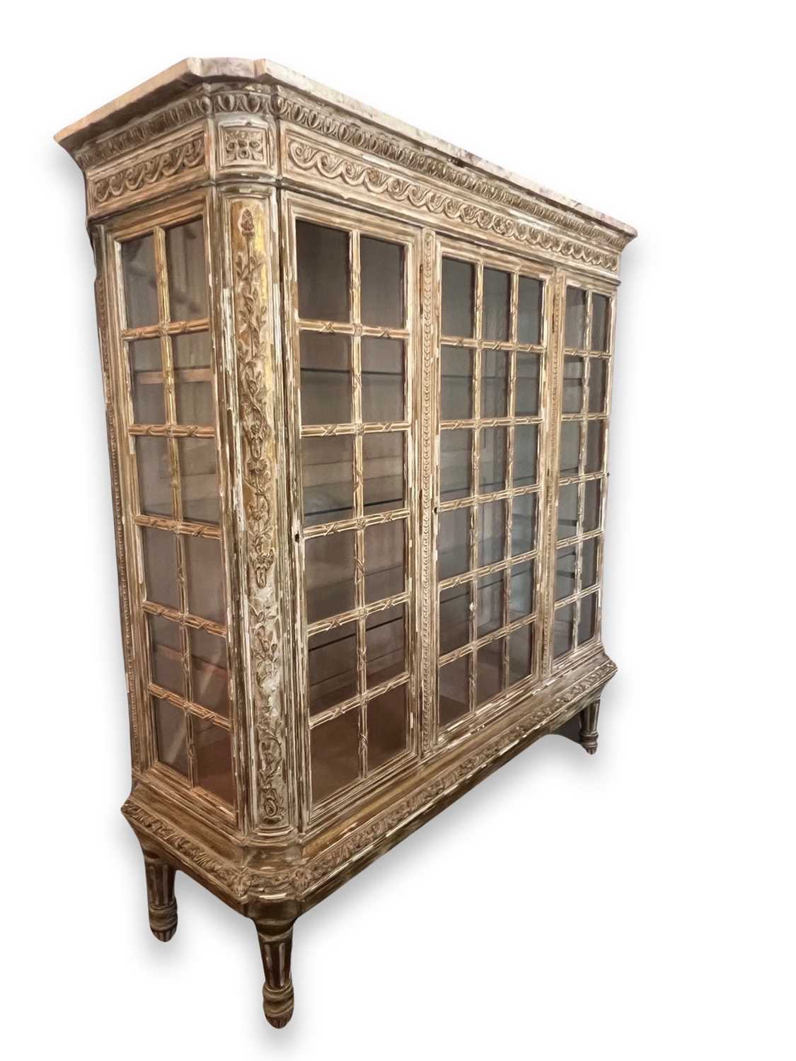 A LATE 19TH CENTURY SCANDINAVIAN GILTWOOD, MARBLE TOPPED AND GLASS DISPLAY CABINET