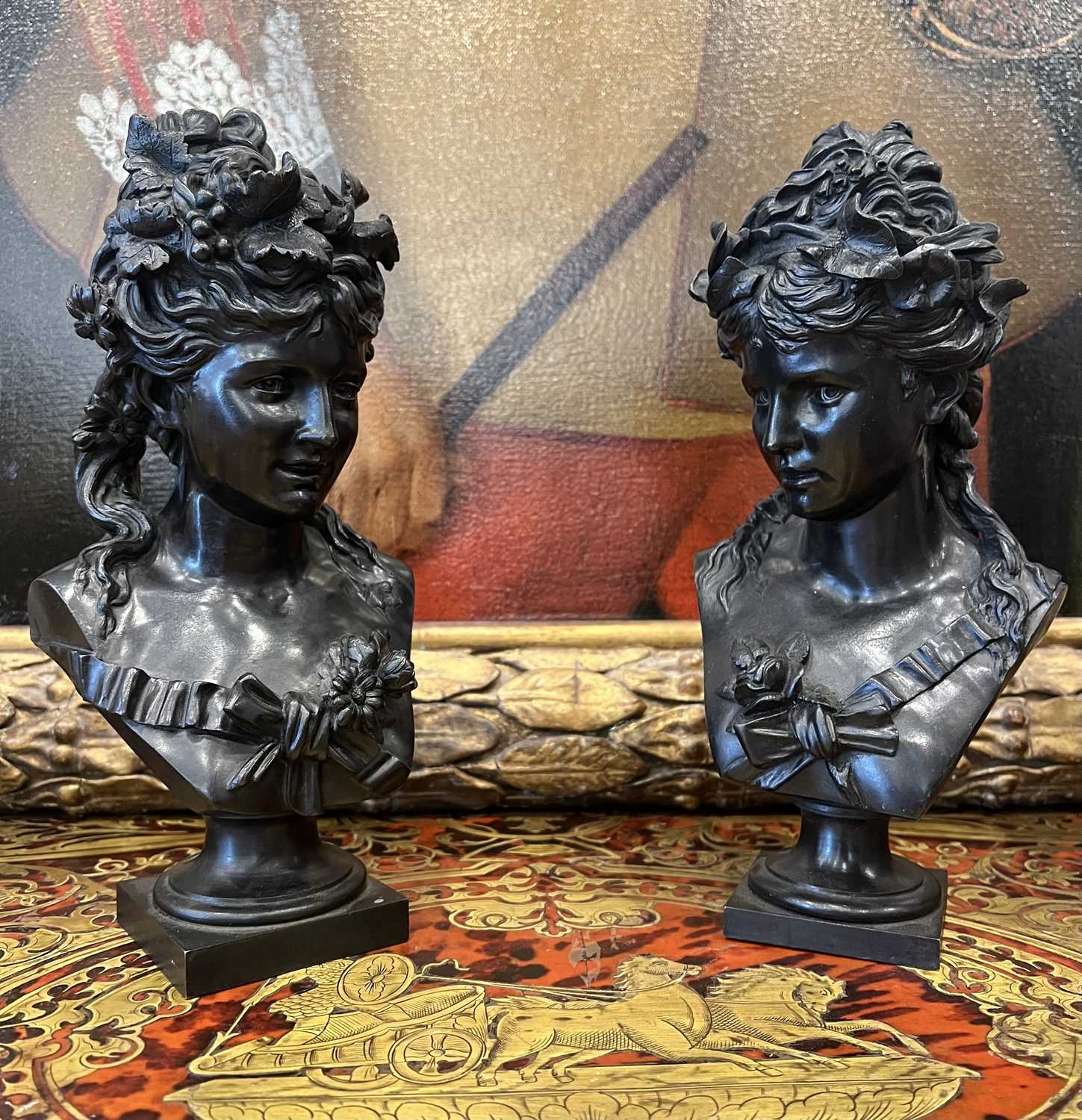 JEAN-LOUIS GRÉGOIRE, (FRENCH, 1840-1890): A PAIR OF BRONZE BUSTS OF MAIDENS - Image 2 of 5