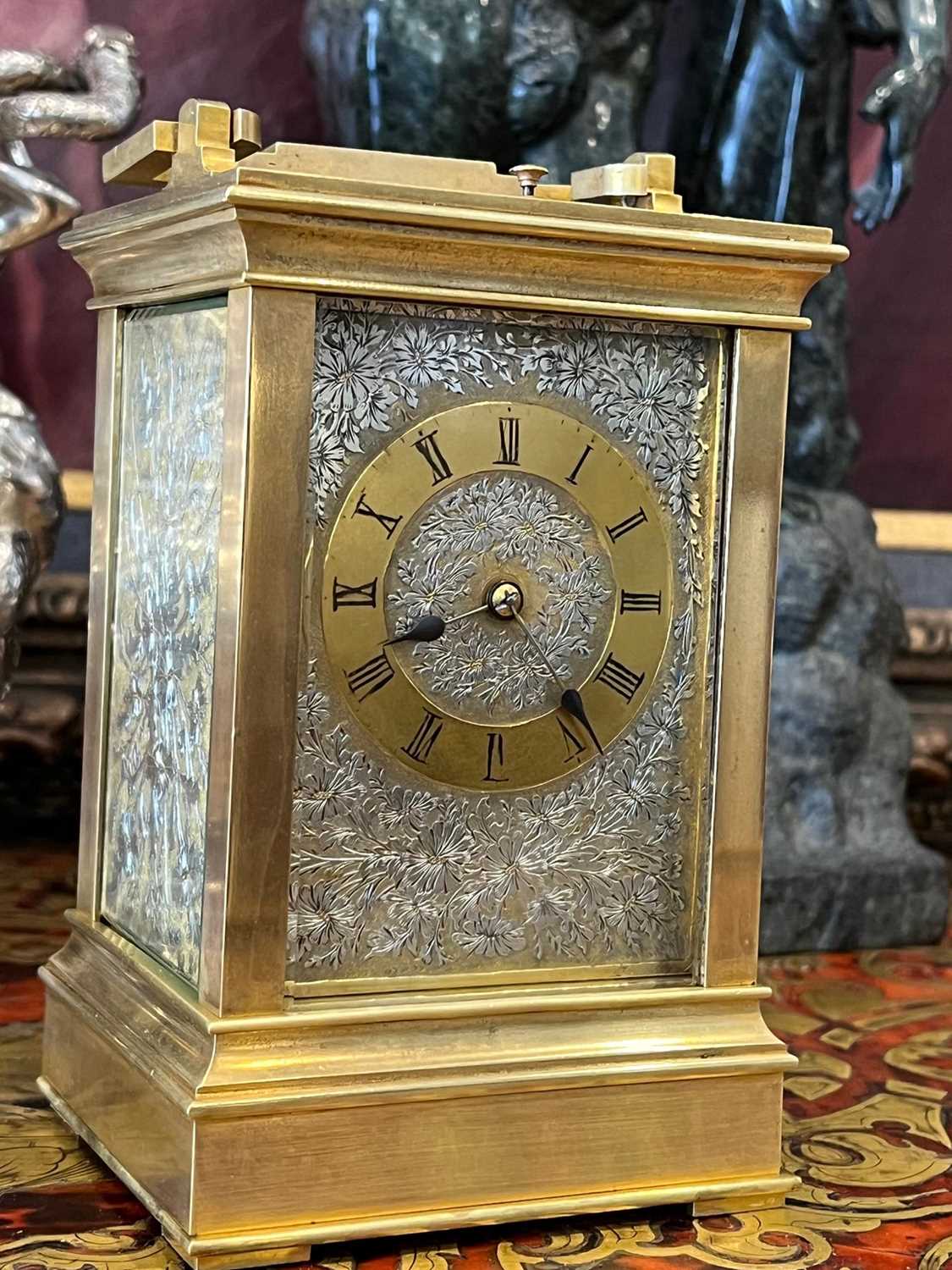 A FINE LATE 19TH CENTURY FRENCH CARRIAGE CLOCK WITH SIILVERED ENGRAVED PANELS - Image 3 of 6